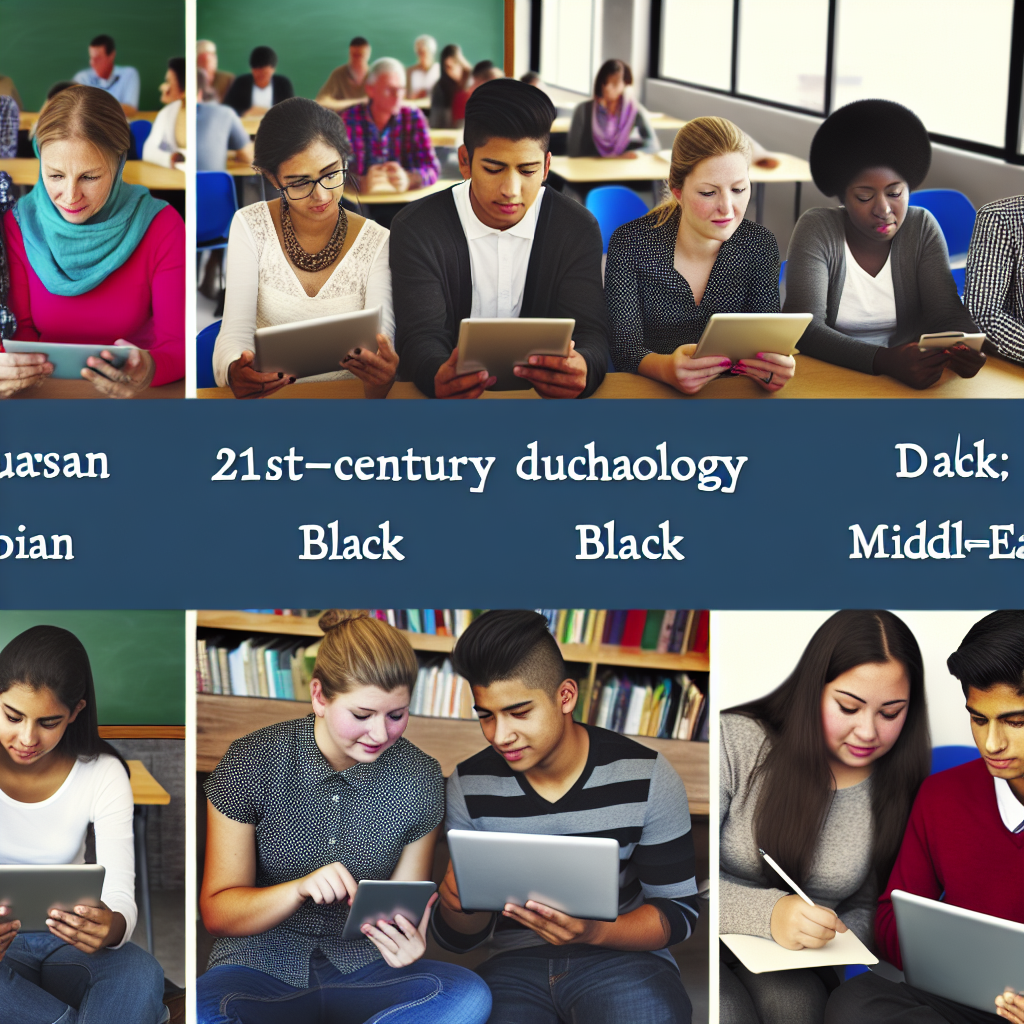 21世紀の教育技術を使用している学生たちの画像。デジタルデバイスを利用して学習しているシーン。